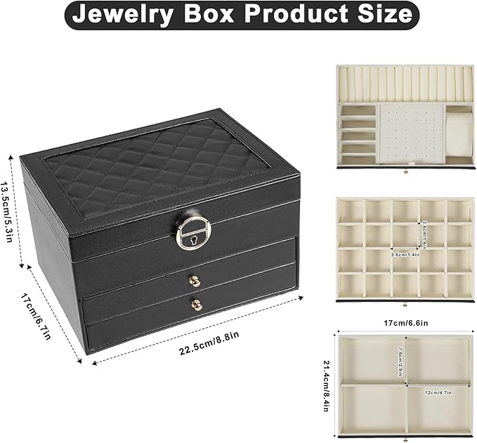 3-Layer Jewelry Box for Women, Jewelry Organizers and Storage with Removable Jewelry Tray, Vintage Quilted Top Lockable Jewel