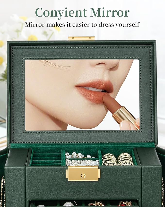 TORIBIO Jewelry Box for Women, Leather Jewelry Organizer with Mirror & Lock, 5-Tier Jewelry Storage Organizer with 4 Drawers 