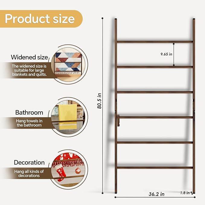 Delywh 6-Tier Wide Double Blanket Ladder Wood, Rustic Decorative Towel Rack for Big Blanket, Towel, Quilt, Clothes, Freestand