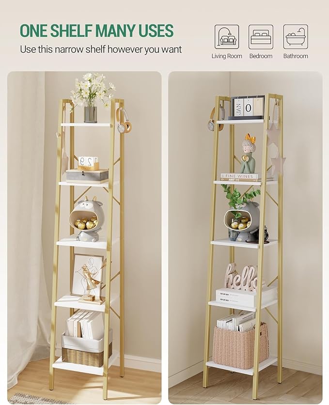 Hzuaneri Ladder Shelf, Bookshelf Bookcase, Freestanding Corner Storage Shelve with 2 Hooks for Home Office, Living Room, Kitc