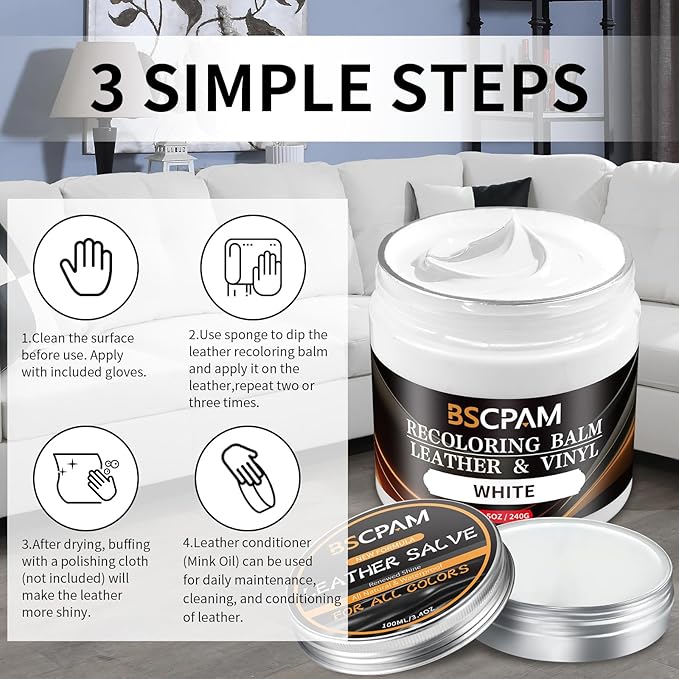 White Leather Recoloring Balm with 100ml Mink Oil,Leather Couch Scratch Remover,Leather Repair kit for Vinyl Furniture and Ca