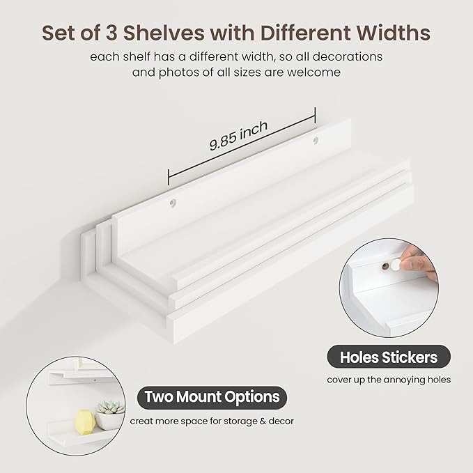 Axeman Picture Ledge Shelf | 16 Inch White Floating Shelves Set of 3 | Rustic Wood Wall Shelves with Lip | 16" White Picture 