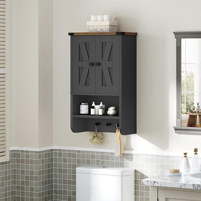 MAHANCRIS Bathroom Wall Cabinet, Farmhouse Medicine Cabinet with Adjustable Shelf, 3-Tier Wall-Mounted Storage Cabinet with 3