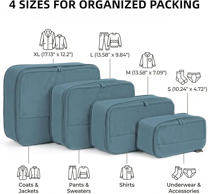 4 Piece Compression Packing Cubes for 3–7 Day Travel, Lightweight Travel Organizers with Breathable Mesh, Double-Zipper Packi