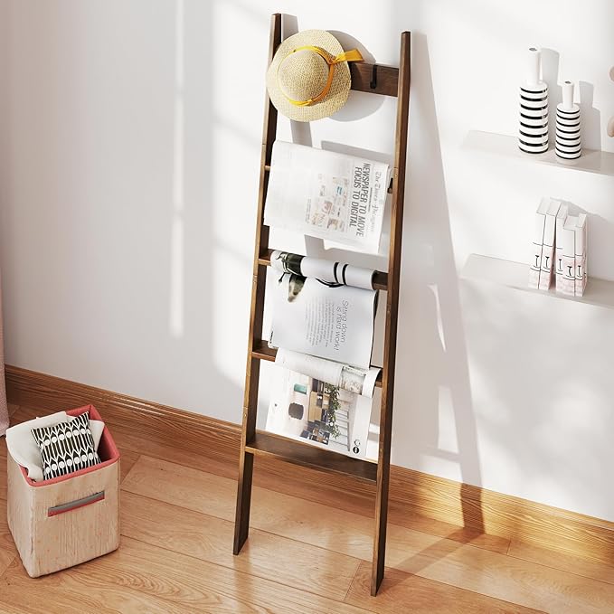 Giantex Bamboo Blanket Ladder, 5-Tier Ladder Shelf w/ 4 Removable Hooks, Decorative Wall Leaning Ladder, Blanket Holder w/Ant