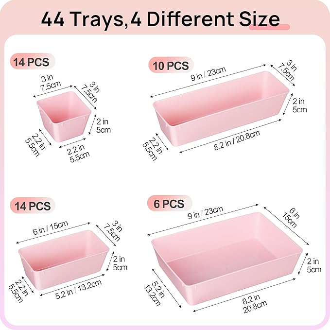 Vtopmart 44 PCS Plastic Drawer Organizers Set, 4-Size Versatile Bathroom and Vanity Organizer Trays, Non-Slip Storage Contain