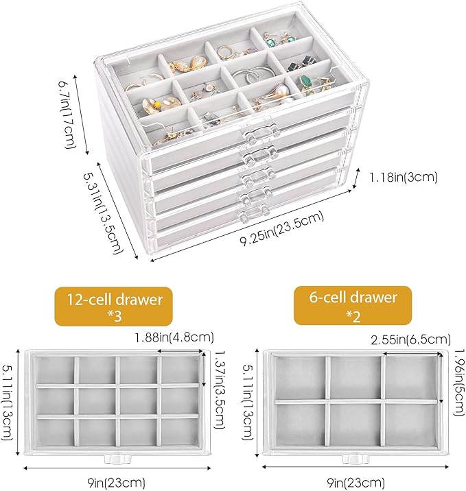 ProCase Earring Holder Organizer Jewelry Box with 5 Drawers, Acrylic Clear Earring Case with Adjustable Velvet Trays for Wome