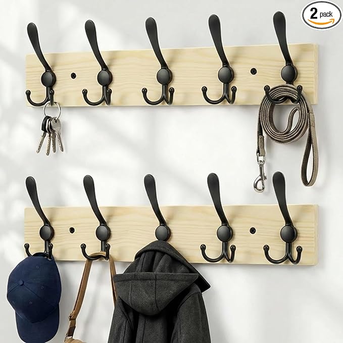 Wooden Coat Rack Wall Mount Heavy Duty, 2 Pack Coat Hanger Wall Mount with 5 Triple Hooks for Clothes, Jacket, Hat, Keys, Spa