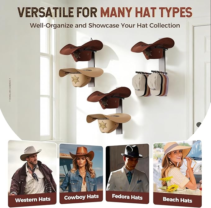Cowboy Hat Rack for Wall, Cowboy Hat Holder Wall Mount Holds up to 6 Hats, Wooden Western Rustic Metal Hat-Organizer with Arr