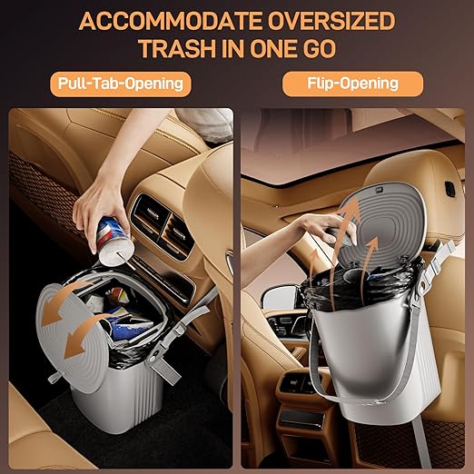 Trash Can for Car Garbage: Leakproof Silicone Car Waste Bin w/Lid for Drivers and Passengers; 2 Gallon Garbage Container for Vehicle, Sedan, SUV, Van, MPV & Truck (Gray)