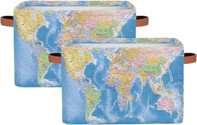 World Map Storage Basket, Collapsible Cloth Storage Cube Bin for Shelves with Handles Large Toys Basket Closet Organizer for 