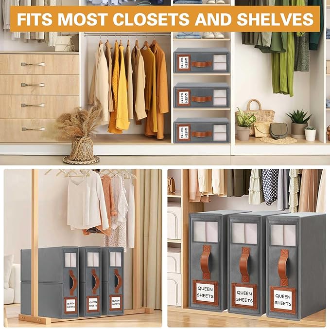 GhvyenntteS 8 Pack Bed Sheet Organizers and Storage (Queen & King Size), Foldable Sheet Organizers and Storage with Window an