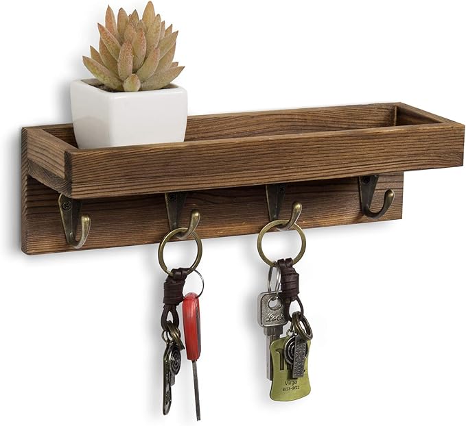 MyGift 10 Inch Floating Wall Shelf with Hooks, Dark Brown Wood Entryway Storage Shelf with 4 Metal Key Hooks