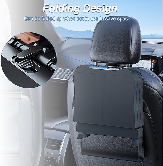 Car Steering Wheel Desk & Back Seat Headrest Table Travel Car Accessories, Height Adjustable for Food Drink and Writing Laptop Work.