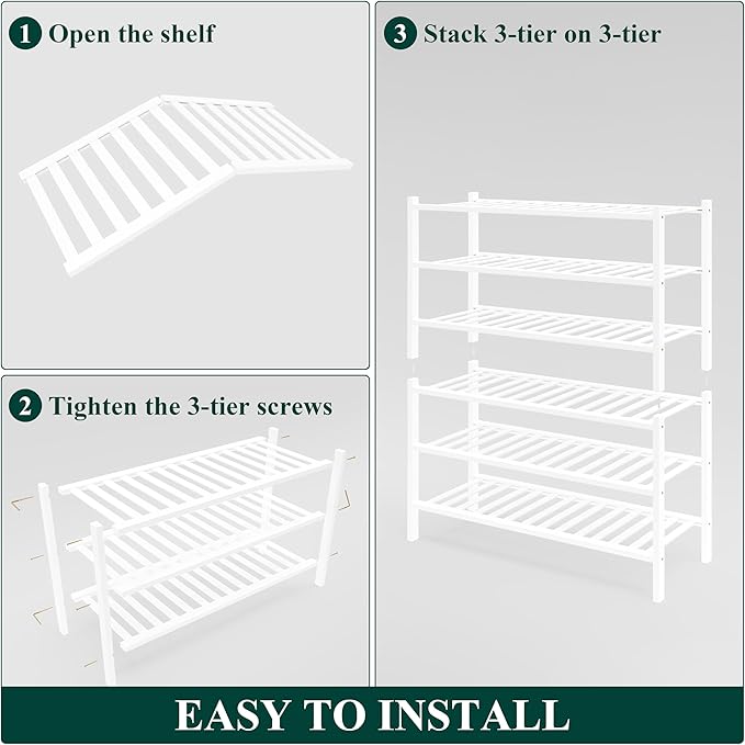 Smiry Bamboo Shoe Rack for Closet, 6 Tier Wooden Stackable Shoe Organizer, Free Standing Shoes Storage Shelf for Entryway, Fr