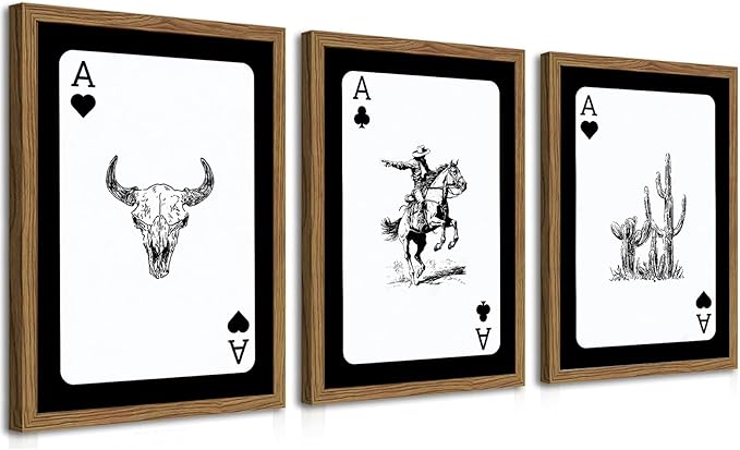Western Cowboy Wall Art Set of 3 Cowboy Print Playing Card Inspired Southwestern Canvas Poster Trendy Western Wall Decor Long