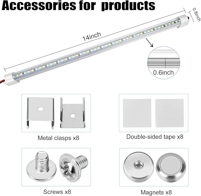 Car 12V Interior LED Light Bar 48 LEDs Strip Lights with Switch and Magnets 6500K White Light for Car Van RV Cabinet Showcase Indoor Room Home 4 PCS Extendable