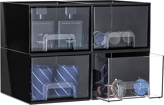 Vtopmart Black Small Stackable Storage Drawers, Cologne Organizer for Men,Plastic Containers for Vanity, Dresser,Office Desk,