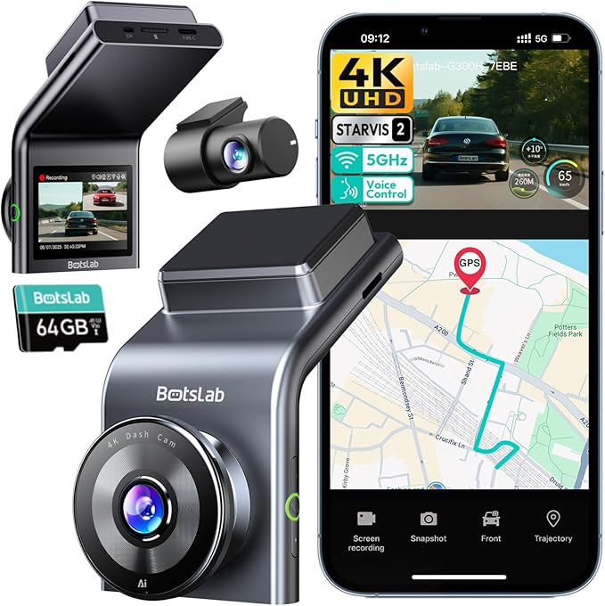 BOTSLAB 4K Dash Cam Front and Rear, STARVIS 2 Sensor, Voice Control, 64GB Card Included, 5GHz WiFi Dashcam Front and Rear Cam