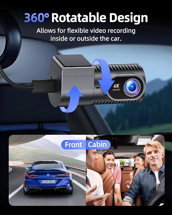 Dash Cam Front 4K - 1.5" IPS Display & 5G WiFi & 64G Card, 360° Rotation Mini Dashcam, Car Camera with WDR Night Vision, 24H 