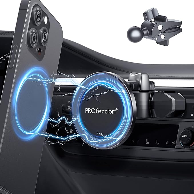PROfezzion CD Slot & Vent Clip Combo Magnetic Phone Holder Compatible with MagSafe on Car CD Player Slot or Air Vent for iPhone 17 16 15 14 13 12 Pro Max Plus, Mag-Safe Case & All Phones