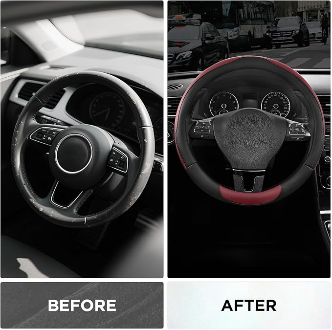 Road Comforts Steering Wheel Cover, Breathable Anti-Slip Leather Steering Wheel Cover, Universal Fit 14.5–15 Inch, Comfortabl