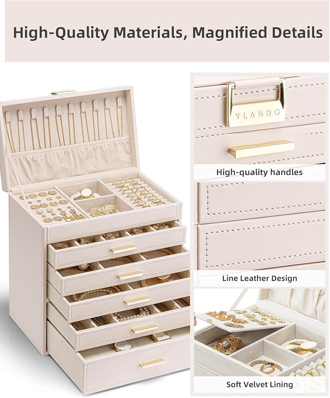 Vlando 6 Layer Large Jewelry Box - Jewelry Holder Organizer, Jewelry Box Organizer for Drawer Necklace Ring Bracelet and Watc