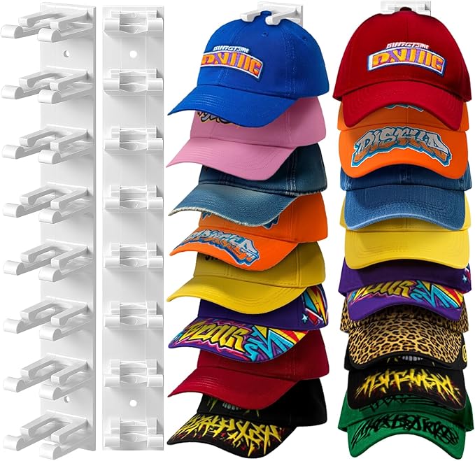 Hat Organizer for Baseball Caps Wall, 2 Pack Hat Holder for Closet Door Hold up to 16 Hats,Hat Hook with Adhesive and 8 Screw