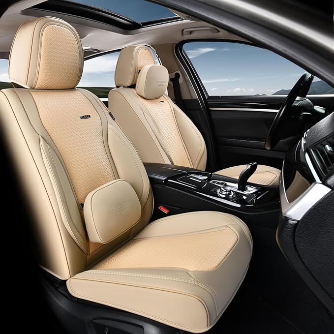 Coverado Car Seat Covers Full Set, Beige Seat Covers for Cars, Waterproof Nappa Leather Automotive Seat Covers with Lumbar He
