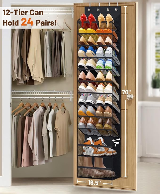 MISSLO 12 Tier Over the Door Shoe Organizer Hanging Shoe Rack for Closet Storage Sneaker Holder for Door Fit 24 Pairs Sandals