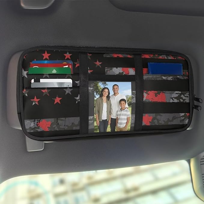 Vintage Flag Car Sun Visor Storage Bag Auto Interior Accessories Pocket Organizer Car Storage Pouch Holder with Multi-Pocket Net Zipper