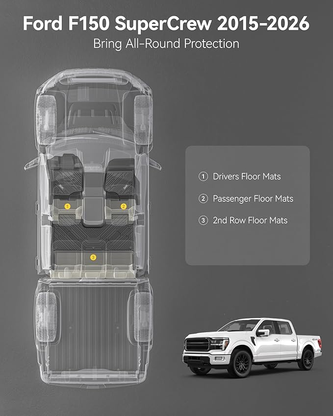 3W Floor Mats Fit for 2015-2025 2026 Ford F150 / F-150 Lightning SuperCrew Cab, TPE All Weather Heavy Duty Floor Liner Custom Fit Accessories Car Liners (with Original Folding Under-Seat Storage Box)