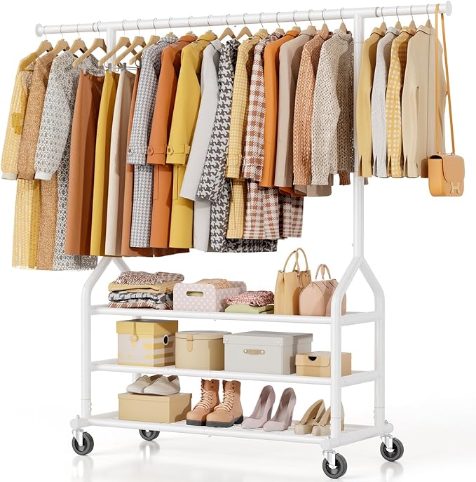 EAGMAK Heavy Duty Clothes Rack Load 688 LBS, Rolling Clothing Rack With 3 Shelves, Adjustable Metal Clothes Hanger with Wheel