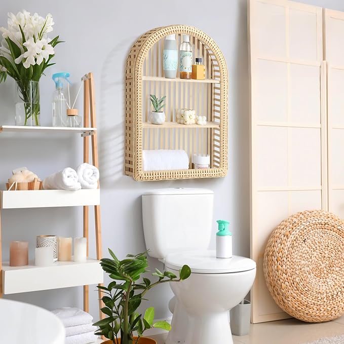 Rattan Wall Shelf 3 Tier Boho Wall Mounted Shelf 15.75" x 23.62" Farmhouse Handcraft Bamboo Arched Floating Shelves for Livin