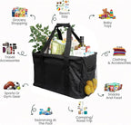 Extra Large Utility Tote Bag - Oversized Collapsible Tote with Wire Frame, Durable Reusable for Beach, Groceries, Laundry, Car Trunk, Storage and Travel - Includes 5x7 Bag with Hook - Black