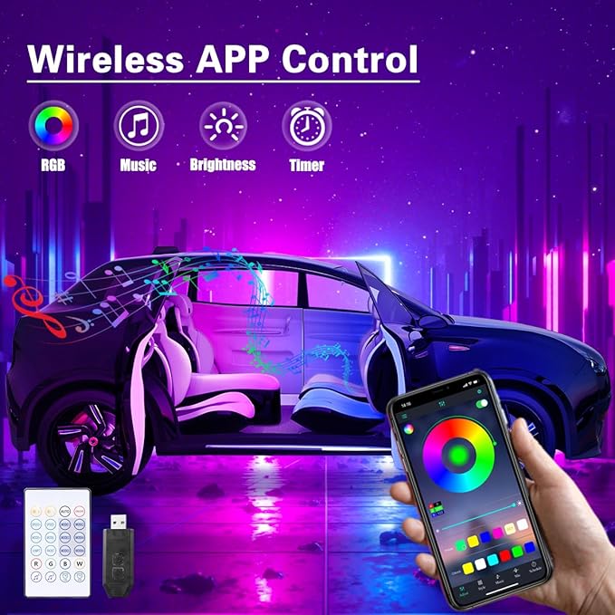 Acrylic Interior Car LED Lights with Wireless APP/Remote/Button Control, 6 in 1 Dreamcolor USB Car Ambient Lighting Kit 16 Million Colors Neon Strip Accessories for Vehicle Inside Decoration