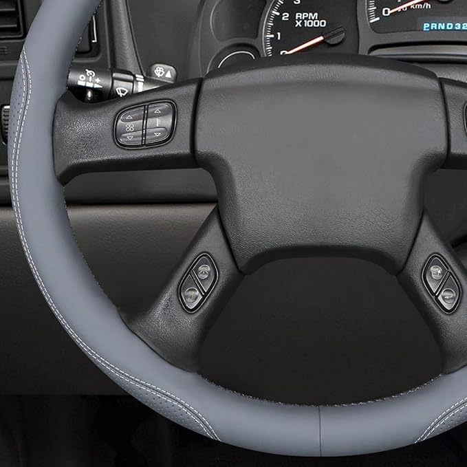MEWANT Hand Stitch Steering Wheel Cover for Chevy Silverado 1500 2500 3500 2003-2006 Silverado Classic 2007 Trailblazer 2002-2009 Custom Grey Genuine Leather Interior Accessory Wrap Restoration Kit
