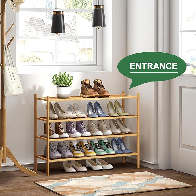 kiplant Long Shoe Rack, 4-Tier Bamboo Wood Shoe Rack, Stackable for Closet, Entryway & Hallway
