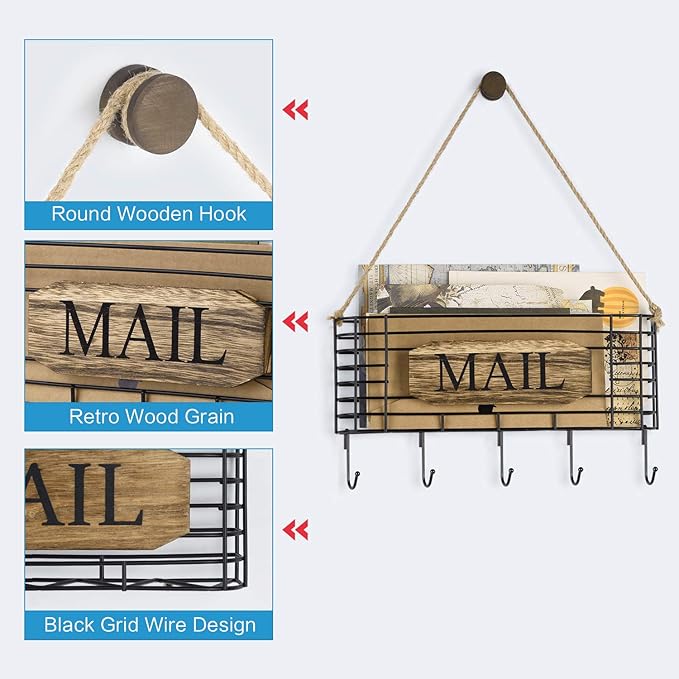 SRIWATANA Mail Holder, Rustic Mail Organizer Wall Mount Hanging Mail Sorter Letter Basket with 5 Key Holder for Wall, Large, 