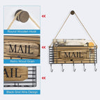 SRIWATANA Mail Holder, Rustic Mail Organizer Wall Mount Hanging Mail Sorter Letter Basket with 5 Key Holder for Wall, Large, 