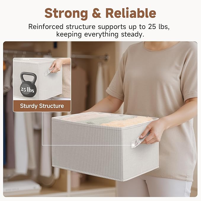 StorageWorks Foldable Shelf Organizer Bins, Closet Storage Baskets for Clothes, Fabric Storage Bins for Shelves, Beige Stripe