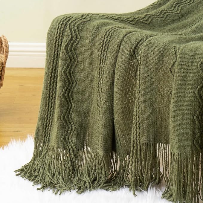 BATTILO HOME Olive Green Throw Blanket for Couch, Soft Army Green Blanket with Tassels for Home Decor, Decorative Knitted Thr