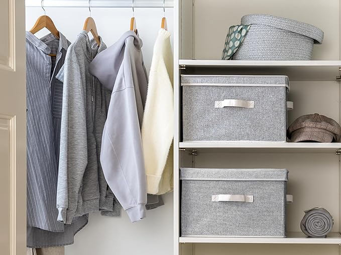 StorageWorks Fabric Storage Bins with Lid, Decorative Storage Boxes for Shelves, Stackable Closet Organizer Basket with Handl