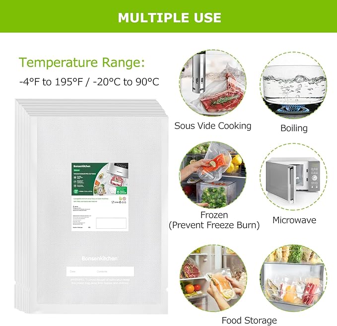 Bonsenkitchen Precut Vacuum Sealer Bags, 100 Gallon 11" x 16" Food Sealer Bags, Food Grade, BPA Free, Heavy Duty, Customized 