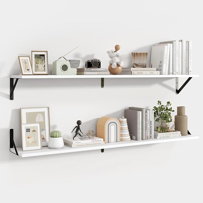 Axeman 48 Inch Floating Shelves | 8 Inch Deep White Wall Shelves Set of 2 | 47.3" W x 8" D Rustic White Wood Shelves for Bath