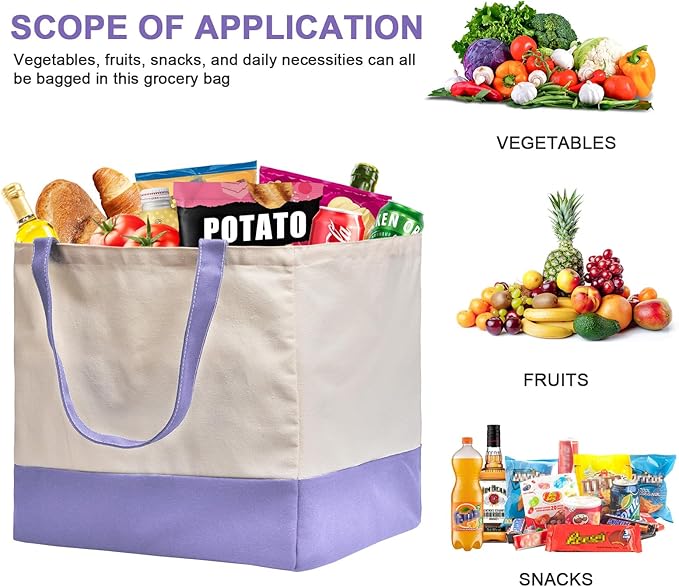 Reusable Grocery Bags Heavy Duty, 8.3 gal Foldable Large Canvas Tote Bag with Handles, Holds 60 lbs Canvas Shopping Bags, 1 Pack（Off White+Light purple）