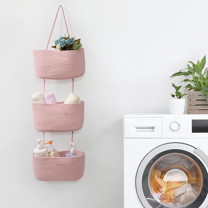 TeoKJ Over the Door Hanging Basket, 3-Tier Woven Cotton Wall-Mounted Storage Organizer Bag Decorative Hanging Nursery Baskets