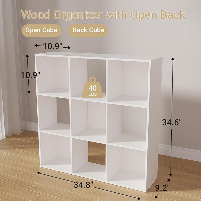 Cube Storage Organizer,Wood Organizer with Open Back,3 Tier Bookcase,Open Bookshelf for Home Office Living Room (White, 9-Cub