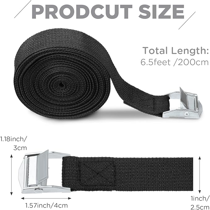 Riakrum 15 Pack 6.5 Feet Lashing Straps Adjustable Kayaks Tie Down Cam Buckle Straps with Buckles up to 250lbs for Cargo, Luggage, Motorcycles, Truck, Car Roof Rack, Sup Surfboard(Black)