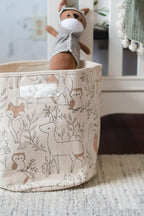 Crane Baby Woodland Nursery Basket, Animal Nursery Decor, Fabric Storage Bin, Collapsible Forest Decor, Hamper with Handles f